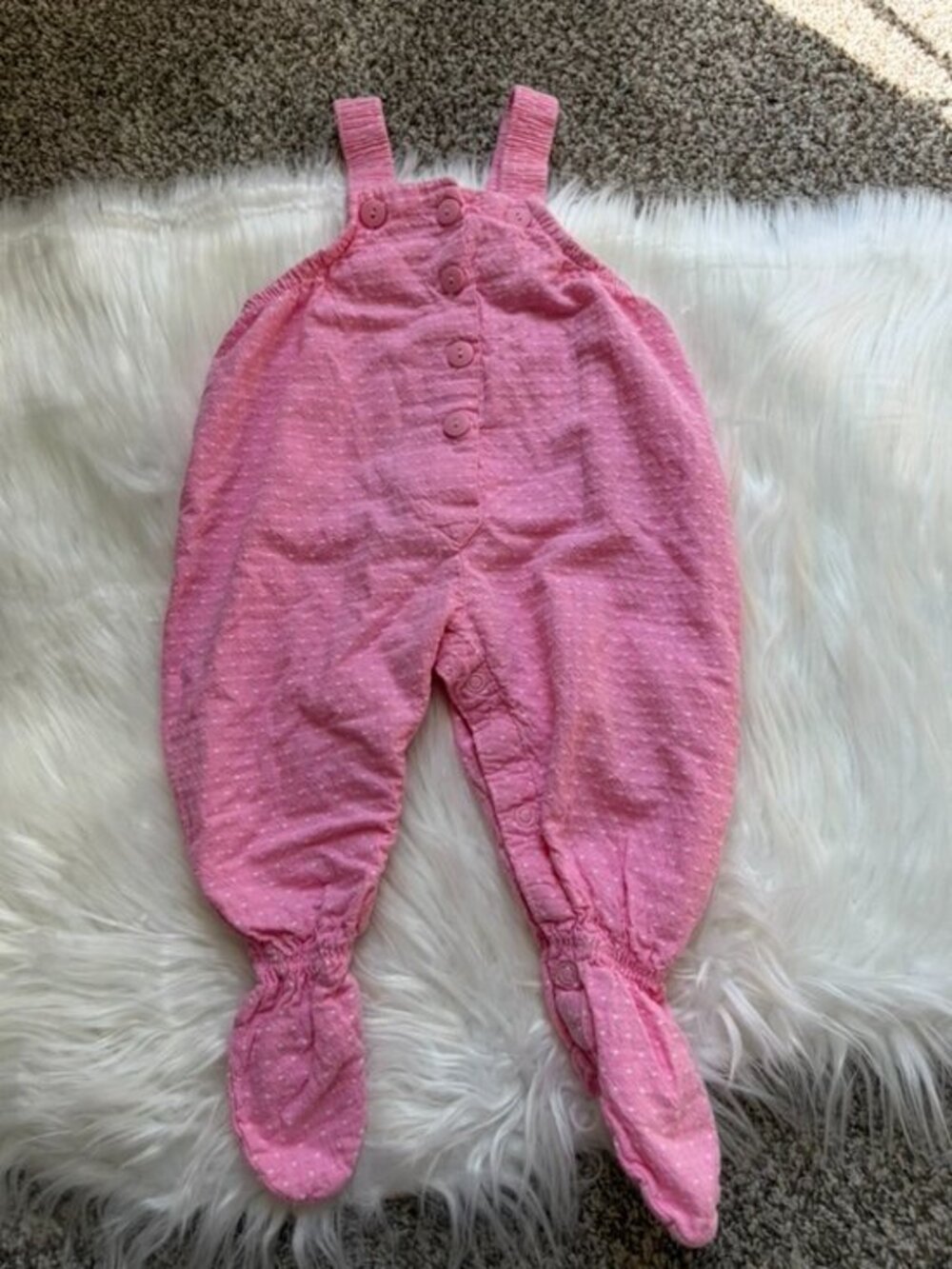 Vintage OshKosh B'gosh Pink White Polka Dot Footed Overall Jumper Baby 6-9 Month